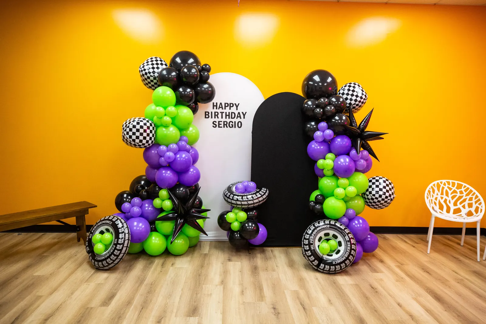 Balloon decorations set up for a birthday party at Recess