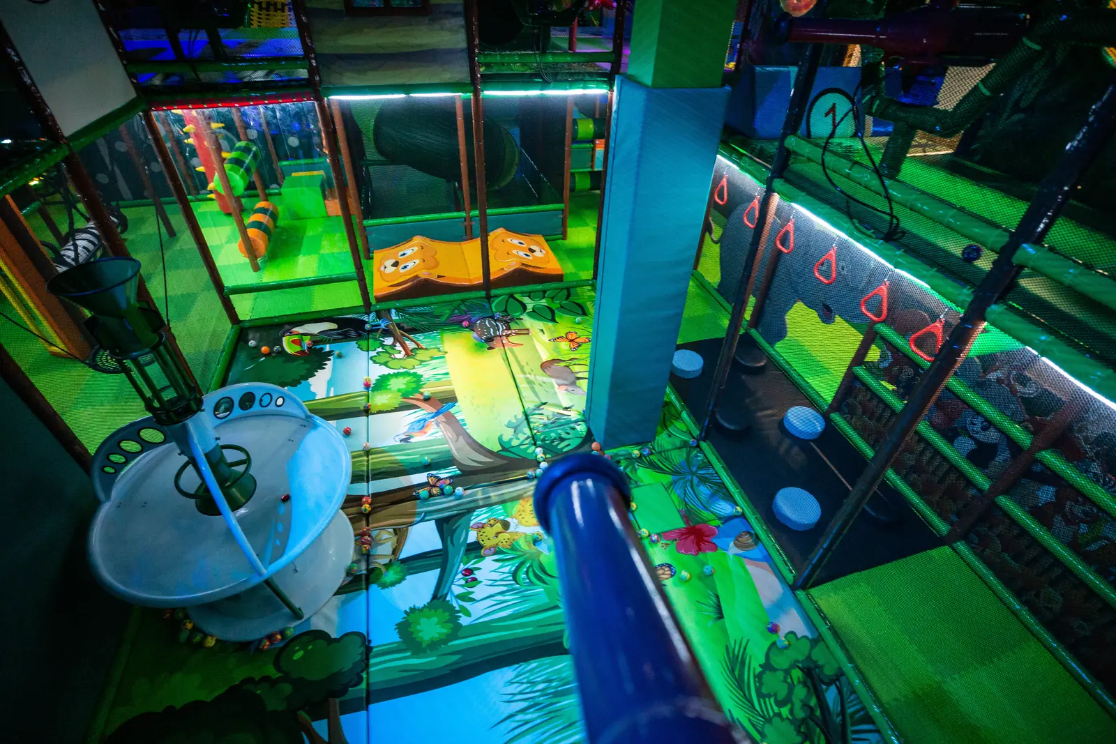 A view from the upper level of the play structure looking over the play floor
