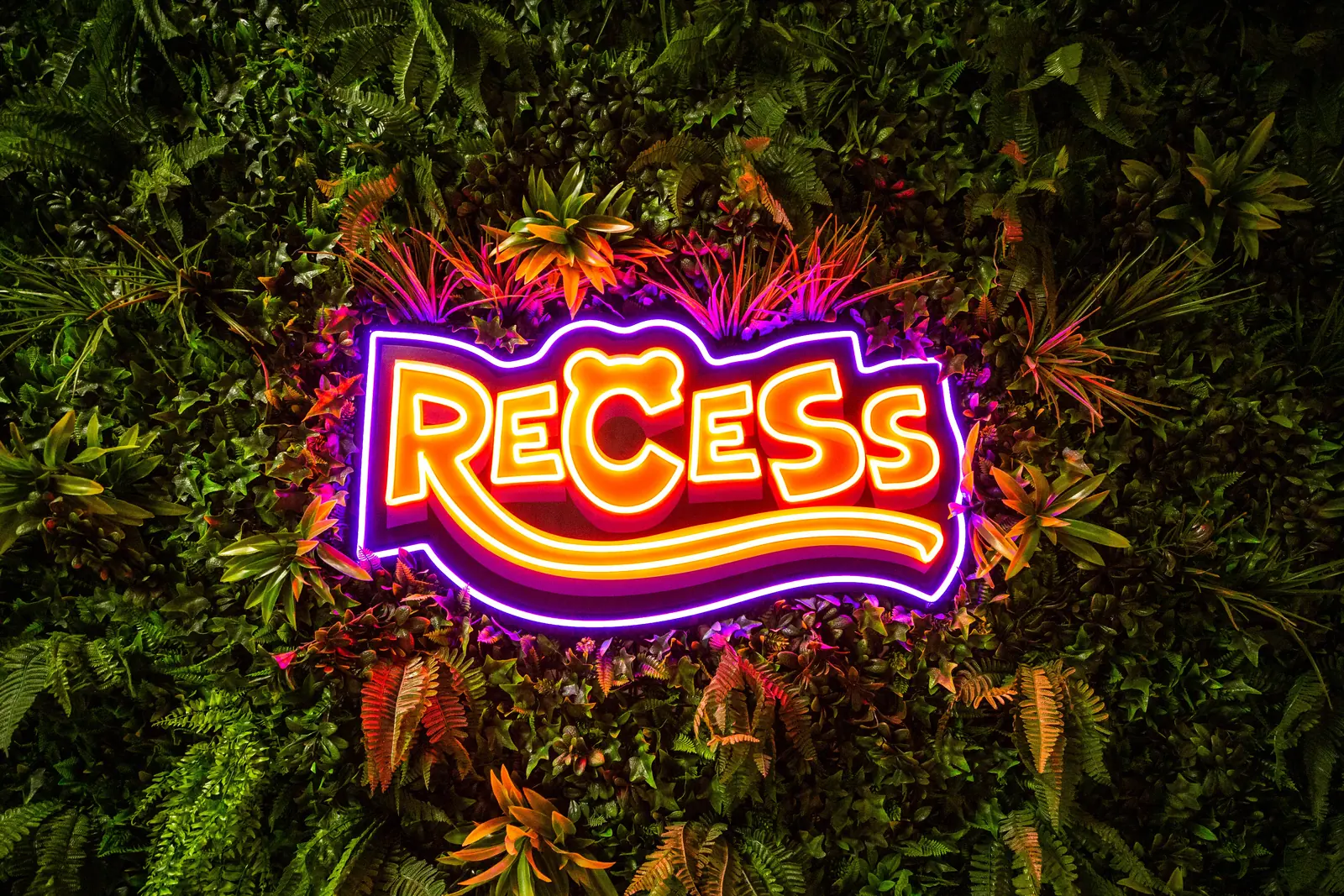 The neon Recess sign glowing on the wall